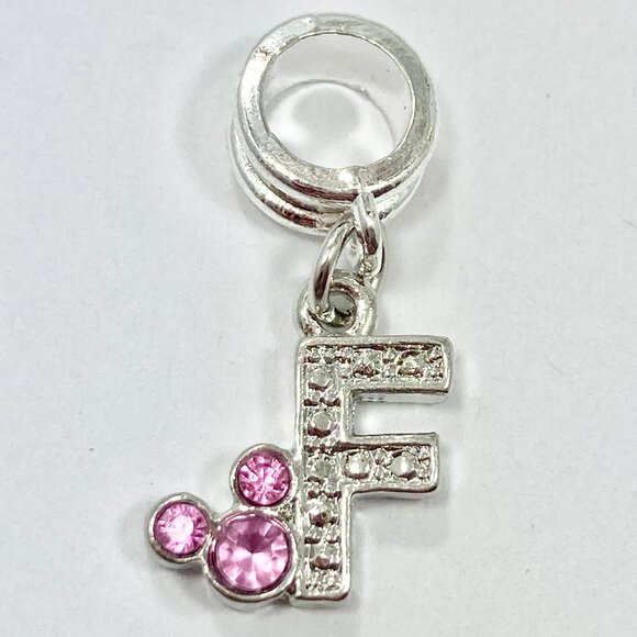 Vtg Disney Pink Crystal Mickey Mouse Ears European Slide Charm Initial Letter F - Picture 3 of 6